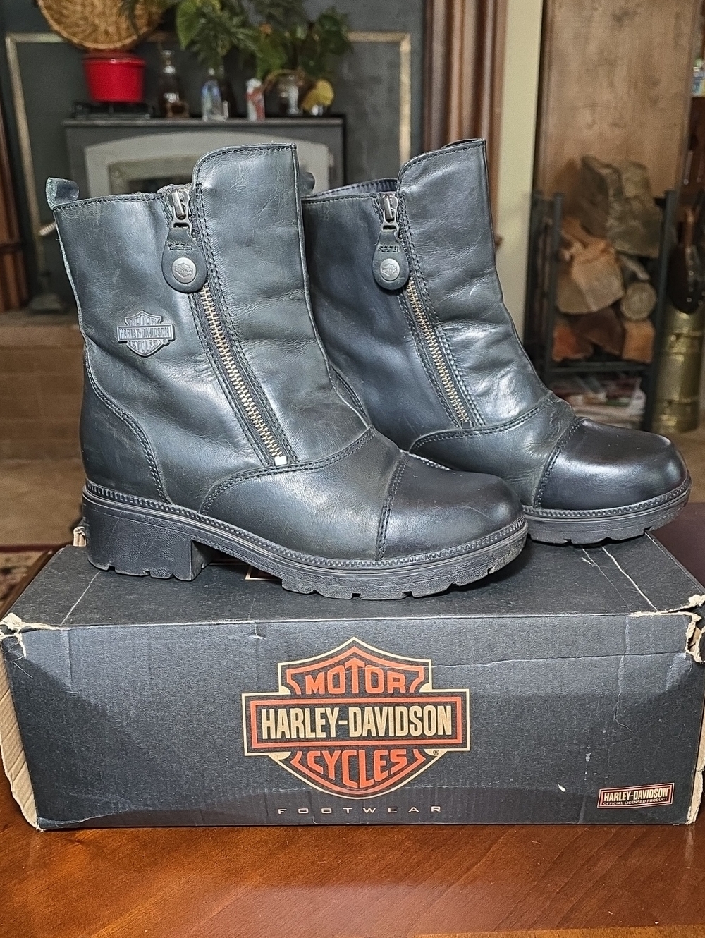 Harley Davidson Amherst Black Leather Moto Boots With OG Box Original Owner